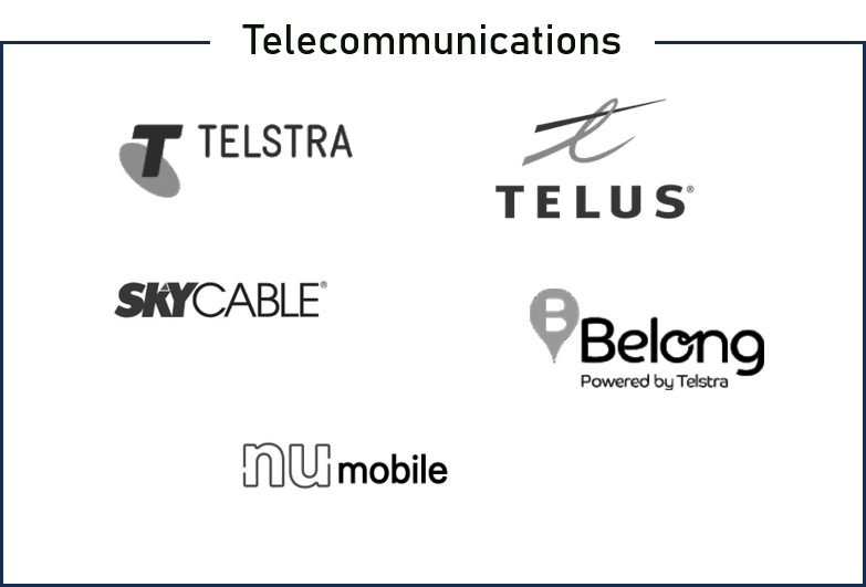 Telecommunications clients: Telstra, TELUS, SkyCable, Belong, Nu Mobile